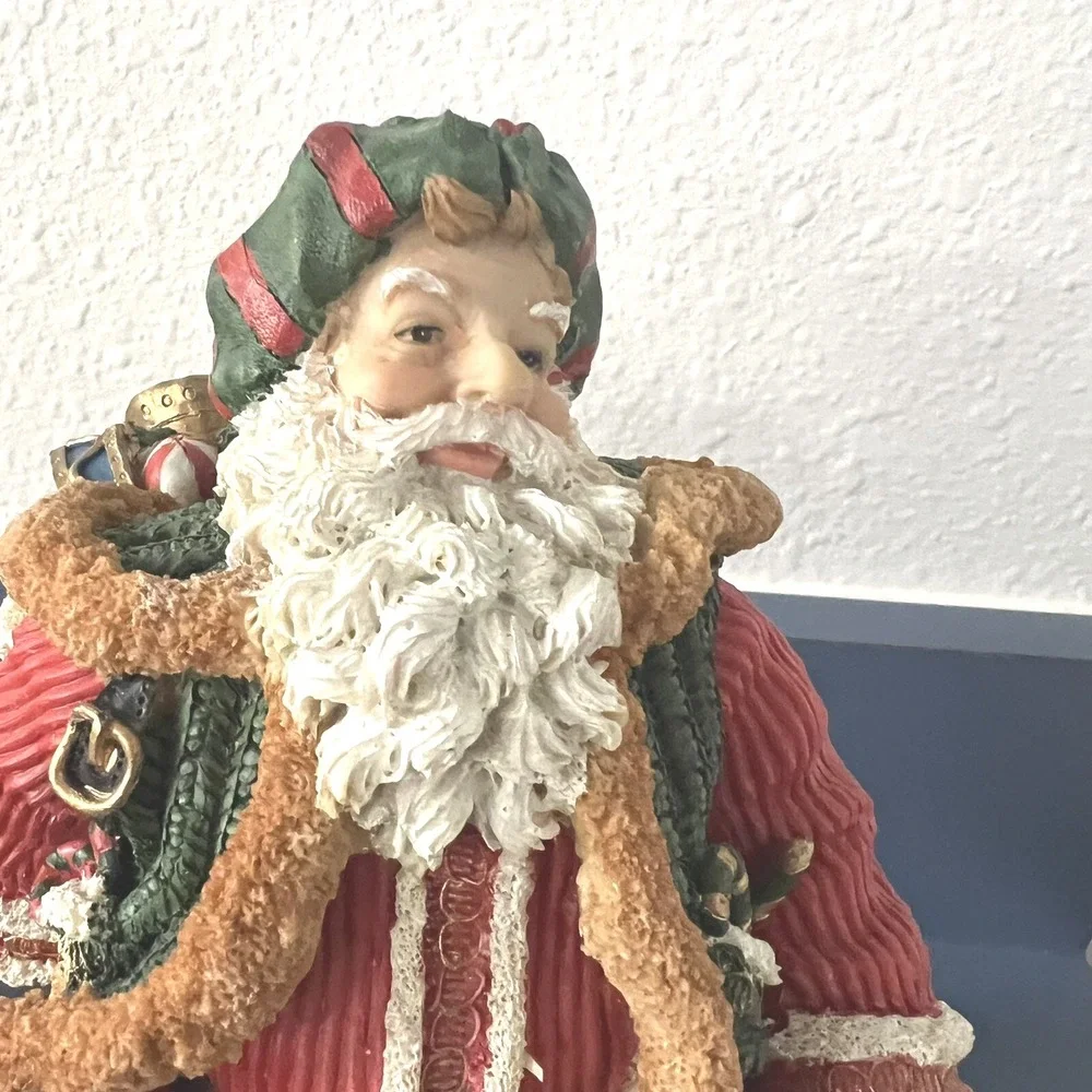 Santa Claus Christmas Resin Decor With Child And Toy Sack Hand Painted 10 Inches